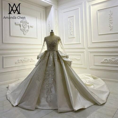 Custom Made Handwork Long Sleeve Lace Appliqued Royal Satin Wedding Dress