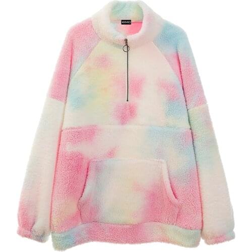 Casual Furry Tie Dye Plus Size Hoodie Women Plush Long Sleeve Fashion Fleece Sweatshirts Loose Pullover Autumn Winter Hoodies