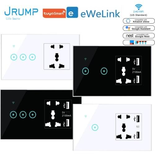 JRUMP Smart Touch Switch Voice Control Switch With UK Smart Power and 2 USB 5 Hole Socket Work Alexa Echo Google Home