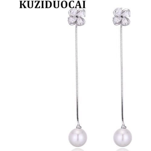 Kuziduocai New Fashion Jewelry Will Not Fade Natural Shell Pearls Clover Zircon Stud Earrings For Women Gift Girl Brincos E-1283