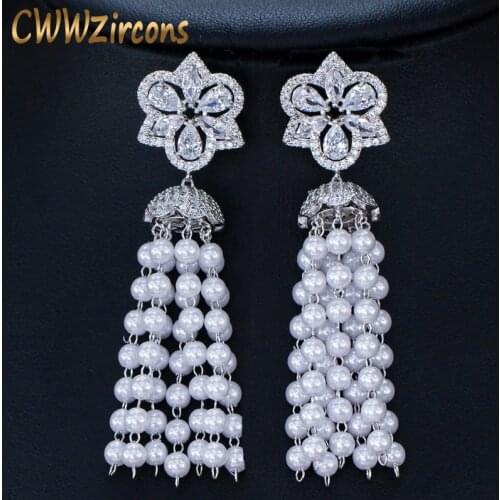 CWWZircons Handmde Simulated Pearl Jewelry Cubic Zirconia Flower Big Long Statement Tassel Drop Earrings for Women CZ412