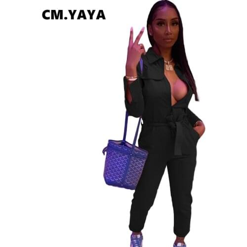 CM.YAYA Women Jumpsuit Solid Full Sleeve Turn-down Collar Bandage Sashes Pencil Jumpsuits Fashion One Piece Overalls Autumn 2021