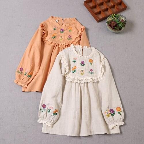 Mori Series Sweet Japan Style Embroidery Flower Linen Top Women Long Sleeve Early Autumn Pullover Tops Female Daily Wear