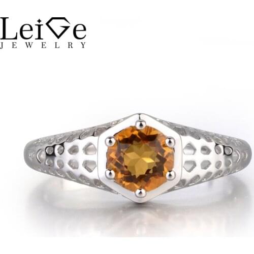 Leige Jewelry Natural Yellow Color Cintrine Fine Jewelry Round Cut Prong Setting Wedding Rings For Woman 925 Sterling Silver
