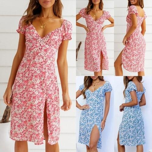Summer Dress Floral Printed Formal Wedding Party Ladies Dress Split V Neck Short Sleeve Straight Midi Dress Sundress D30
