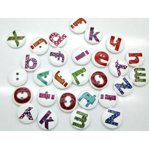 100pcs Popular Mixed White Round Letter Series Pattern Wooden Buttons For Clothes Crafts Sewing Scrapbooking DIY Accessories