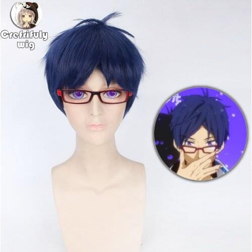 25cm Anime Free! Ryugazaki Rei Short Blue Wig Cosplay Costume Synthetic Hair Wigs For Men Free Shipping