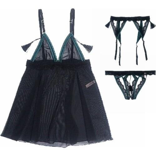 Women Sexy Lingerie Sleepwear V Neck Lace Chemise Nightgown and Suspender Belt and Sexy Panties 3 Pcs