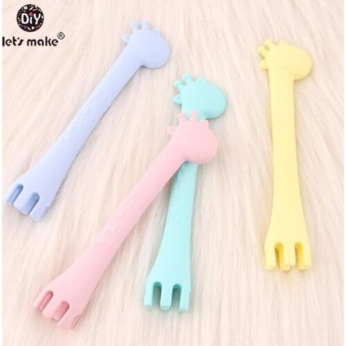 Lets make 5pcs Cartoon Silicone Giraffe Spoon Feeding Fork Two In One Tableware Infant Learning Spoons Teething Spoons Utensils