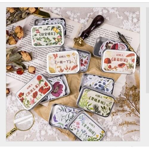 60pc/box Vintage plants flowers branch leaves grass fruit mushroom iron box deco sticker DIY planner scrapbooking label stickers