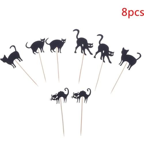 8pcs Halloween Horror Cupcake Cake Toppers Black Cat Dessert Party Decoration
