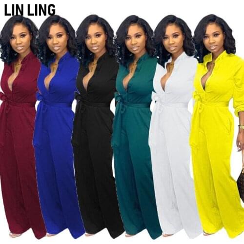 LINLING Stand Collar Single Breasted Full Sleeve Clothing Sexy Solid Color Belt Slim Loose Cargo Pants Women
