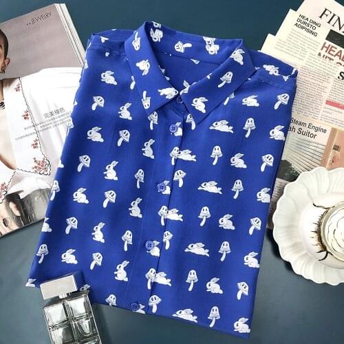 ElfStyle 2020 Women Silk 100% Rabbit & Mushroom Print Long Sleeve Blouse Shirt Top
