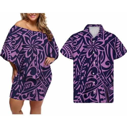 Hycool Big Size Polynesian Tribal Design Plain Purple Summer Striped Dress Sexy Slash Neck Women Elegant Dresses Match Men Shirt