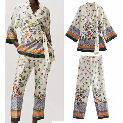 Klkxmyt Za 2 Piece Set Women Suit Female Vintage Flower Print Casual Holiday Sandy Beach Blouse + Pants Set Woman Outfit Suit