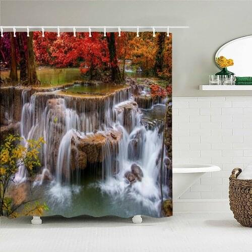 Beautiful natural landscape, forest, waterfall, shower curtain, waterproof, bathroom layout, home decoration