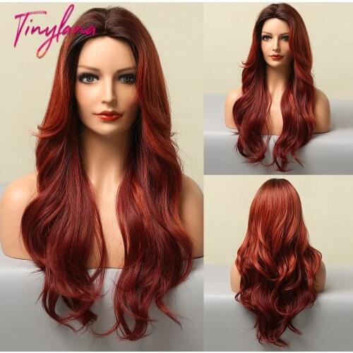 TINY LANA Long Wave Synthetic Wigs Middle Part Ombre Red Brown Wigs For Black White Women Cosplay Party Use Heat Resistant Fiber