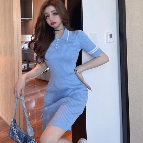 Summer Mini Dress Womens Lapel Neck Tight Knitted Robe Sexy Short Sleeve Bodycon Dresses Ladies Clothes