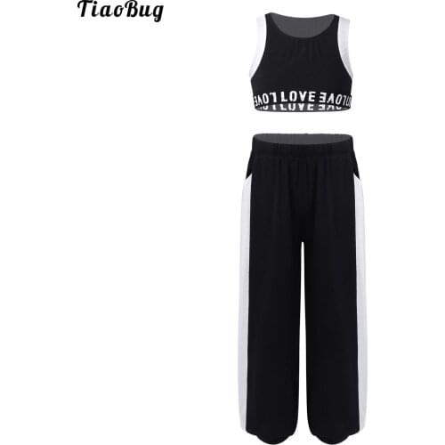 Summer 2Pcs Kids Girl SportSuit U Neck Sleeveless Letters Print Crop Top Wide Leg Pants Trousers Set For Street Jazz Dance Sport