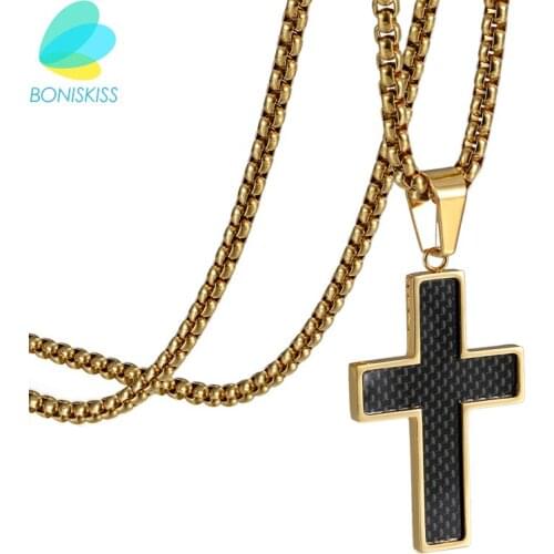 Boniskiss Cross Necklaces Christian Jewelry Wholesale 316L Stainless Steel Gold Color Chain Cross Men Carbon Pendant Necklace