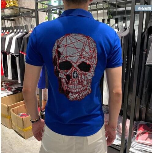 Diamond stone Men Skulls Polo Shirt Turn Down Collar Color Breathable Cotton Short Sleeve Shirt Hot drill Plus Size