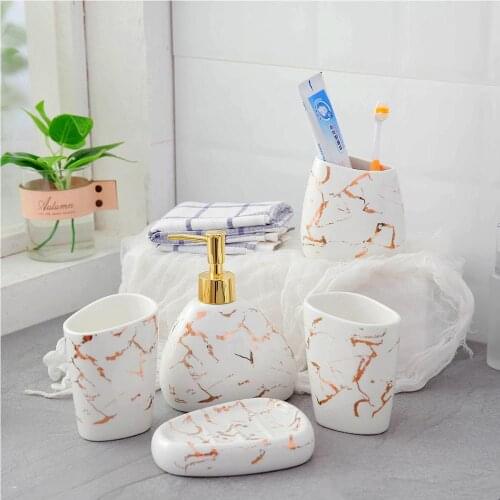 White Marble Texture Ceramic Bathroom Accessories Set Bath Marble Ceramic Wash Kit Tray Cotton Swab Box Dispenser