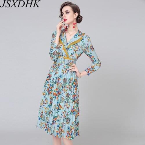 JSXDHK New Autumn Flower Ruffles Notched Collar Dress Elegant Women Long Sleeve Floral Printed Pleated Midi Dresses With Belt