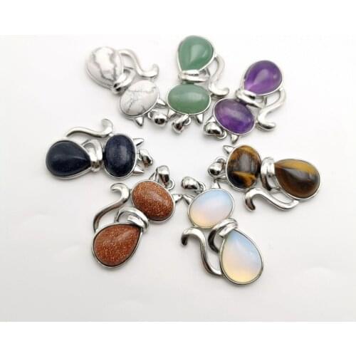 Wholesale Reiki Natural Stone Necklaces Pink Quartz Pendants for Women Girl Cute Cat Shape Rock Black Onyx Beads Chain Jewelry