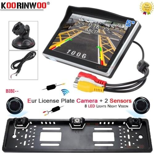 Koorinwoo Eur License Plate Camera Wireless radar detector 5"Monitor Parktronics for cars Parking Sensors without wire Rear view