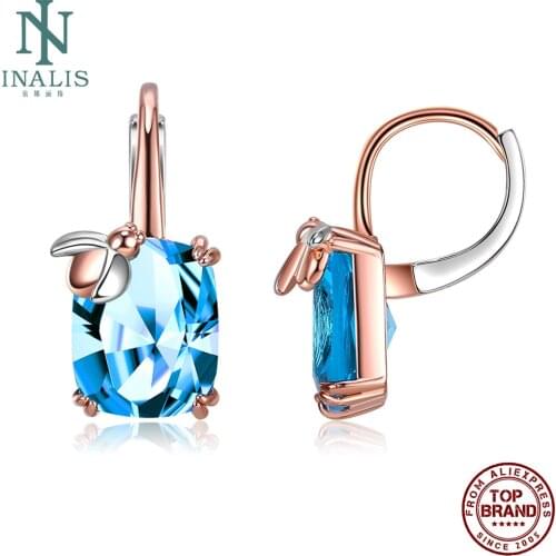 INALIS Rose Golden Earrings For Women Inlay Bule Clear Zircon Ladybug Stud Earring Fit Valentines Day Gifts Fashion Jewelry