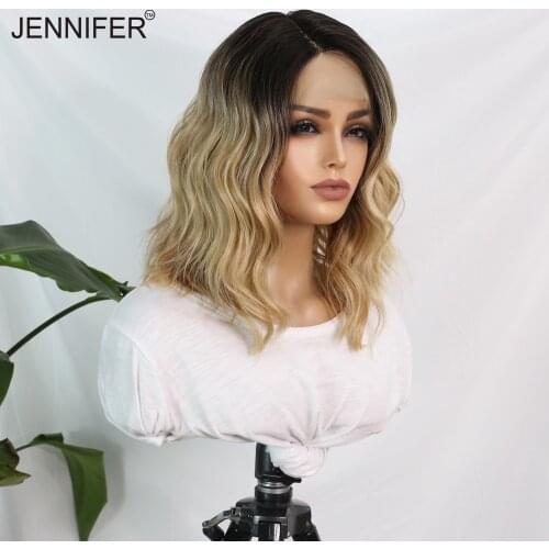 Synthetic Short Wig Natural Wave hair Blond/Orange with Black head L part Lace Wigs for Women Heat Resistant Fiber