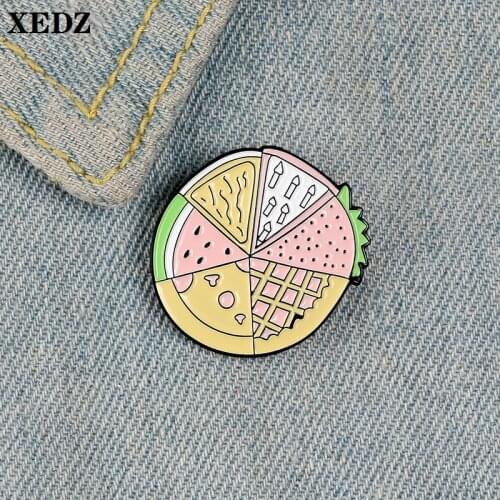 XEDZ fruit turntable pizza enamel pin lipstick game console cartoon delicious metal badge romantic jewelry lapel punk brooch