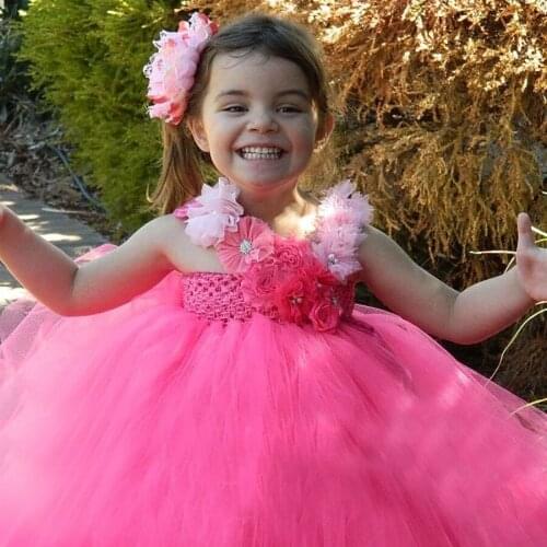 Hot Pink Flower Girl Tutu Dress with Flower Hair Clip Princess Kids Dress Birthday Bridesmaid Wedding Photo Cloth TS085