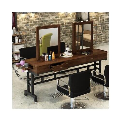 Real wood retro barber shop mirror desk hairdresser mirror salon dedicated to making old perm table floor single-sided mirror