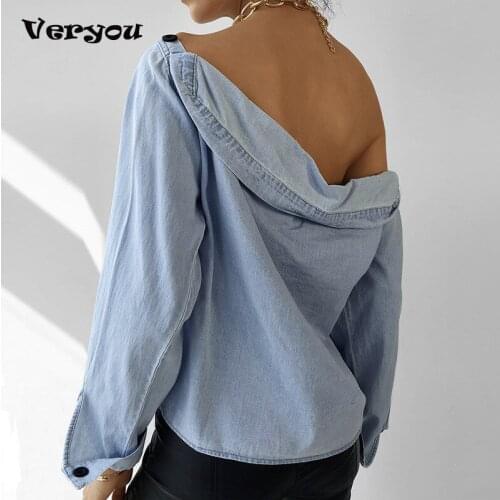 Fashion Women Denim T-Shirts for Streetwear Patchwork Design Button Decor Slash Neck Long Sleeve Spring Autumn Casual Loose Top