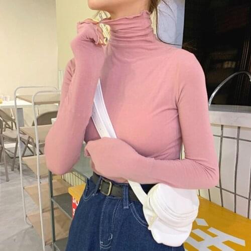Pink Turtleneck Bottoming Shirt Womens 2021 New Spring Autumn Slim Thin Long-sleeved T-shirt Stretch Solid Female Casual Tops