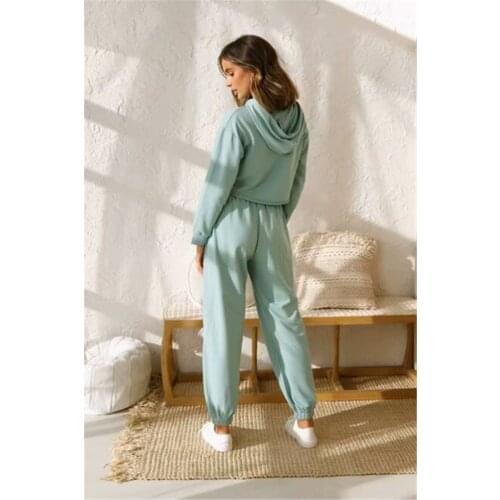 Women’s Two Piece Casual Clothes Fashion Solid Color Hooded Long Sleeve Top and Elastic High Waist Trousers