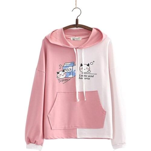 Cartoon Print Patchwork Women Hooded Sweatshirt Drawstring Cotton Hoodies 2020 Autumn Winter New Harakuju Pullover Tracksuits
