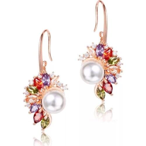 MxGxFam Pearl Flowers Colorful Drop Earrings Jewelry For Women Rose Gold color Lead and Nickel Drop Shipping