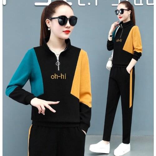 Pant Suits Color Matching Womens Sports Suit Stand-up Collar Sweater Shirt+Trousers Two-Piece Sets Female Sportswear 108