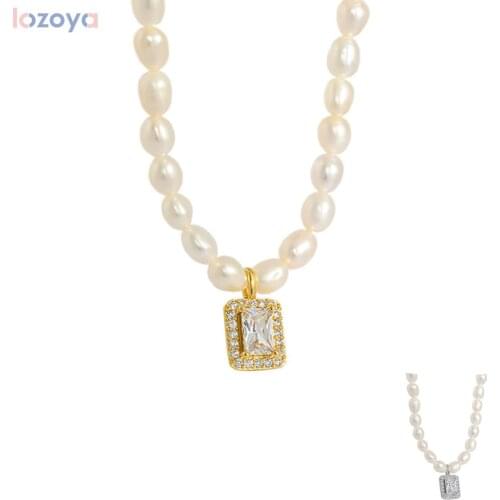 LOZOYA 925 Sterling Silver Zircon Necklace Women Fine Pendant Big Pearl Chain Choker Jewelry 2021 Wedding Thick Jewelry
