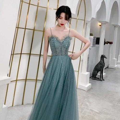 2021 Green A Line Bridesmaid Dresses Straps Crystal Beads Long Bridesmaid Dress Plus Size for Women Wedding