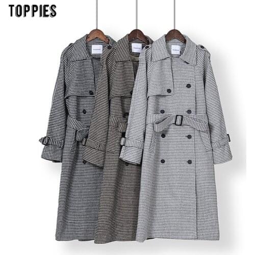 Toppies Vintage Houndstooth Woolen Coat Double breasted Long Coat autumn outfits for women 2020