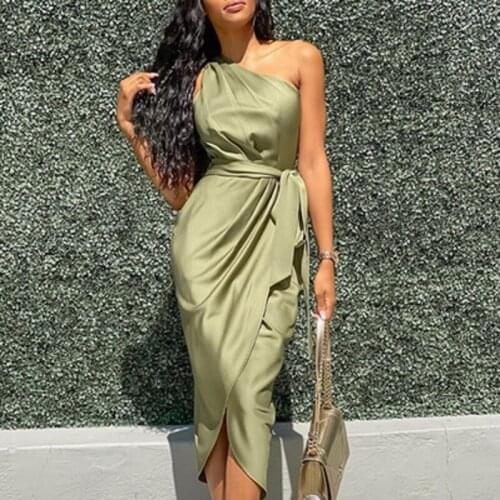 AECU 2021 Summer New Sloping Shoulder Dress Sexy Women 's Irregular Fashion Dress with Belt