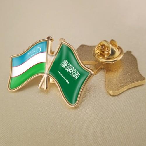 Uzbekistan and Saudi Arabia Crossed Double Friendship Flags Lapel Pins Brooch Badges