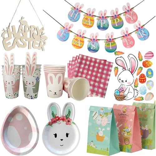 1pc Happy Easter Decoration Rabbit Bunny Egg Shape Banner Cup Plate Gift Bags Easter Party Deco Disposable Tableware Party Favor