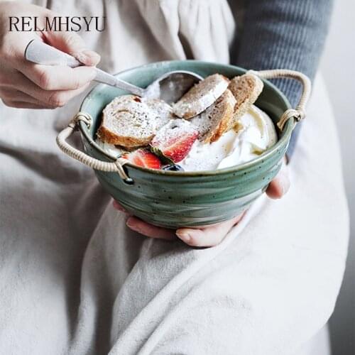 1PC Japanese Style JDZ Retro Handmade Stoneware Braided Rope Handle Dessert Salad Fruit Dinner Bowl Tableware