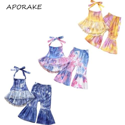 2021 0-6Y Sweet Kids Baby Girl Clothing Set Flower Lace Sleeveless Halter Backless Dress Top+Flare Pants Tie Dye Holiday 2pcs