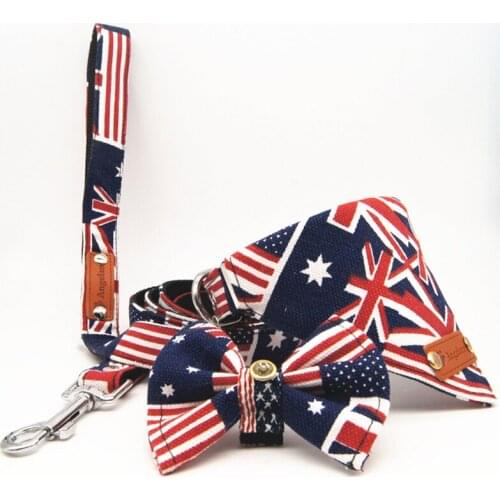 3Pcs Pet Supply American Flag Print PU Leather Cloth Pet Dog Collar with Bowknot Tie Set for Dogs Birthday Gifts