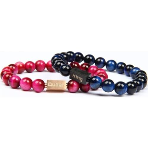 Brand Stainless Steel Cube Engrave Logo King and Queen Bracelet 8mm Natural Blue Tiger Eye Stone Couple Jewelry Drop Shipping